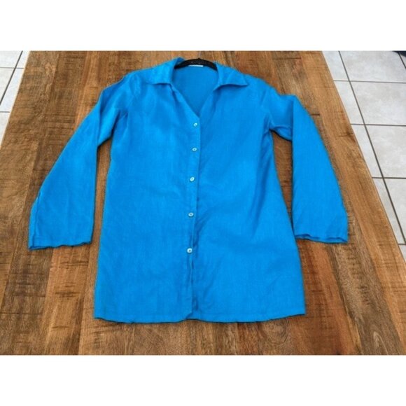 ICANTOO Bright Blue Linen Button Tunic Casual Career Resort Long Sleeve Small - Picture 2 of 14